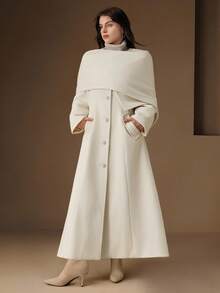 Anewsta Women's Elegant Vintage Christmas Date Night Round Neck Pearl Button Solid Color Waist Flared Long Wool Coat, Plus Size