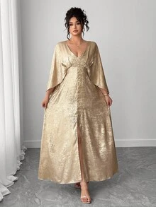 Elenzga 大码女士奢华V领二合一金色晚礼服，秋冬 - 金色 - 查看 3