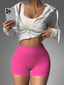 Core Rhythm 1 件玫瑰红色腰带运动短裤，无缝针织高弹力舒适，适合瑜伽、健身、户外活动 - 玫紅色 - 查看 4