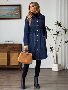 EMERY ROSE Women's Casual Drawstring Waist Denim Coat Fall Winter - Dark Wash - View 6