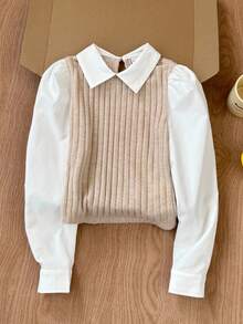 SHEIN Blusa de dos tonos con mangas abullonadas para niñas preadolescentes, 2 en 1, casual y elegante para uso diario, de vuelta al colegio - Albaricoque - Ver 8