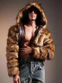 FeverCity 男士蓬松长袖连帽休闲仿皮草大衣，秋冬 - 咖啡棕 - 查看 1