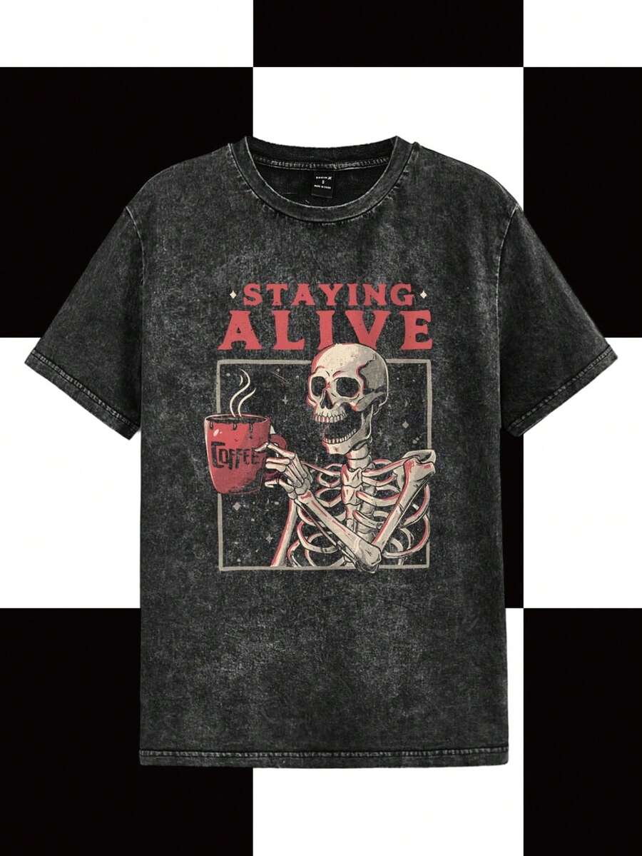 Y2Kool Eduely Camiseta de mujer de manga corta con cuello redondo holgado, estampado de calavera y letras, color negro, de algodón 100%, adecuada para verano, vacaciones, festivales, estilo Ibiza, ropa occidental, Halloween, otoño, Y2K, colección de ropa de estilo, atuendos de Año Nuevo