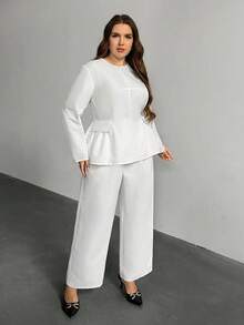 Firerie Plus Size Casual Solid Color Long Sleeve Top And Pants 2 Pieces Set, Suitable For Commuting, Autumn - White - View 4