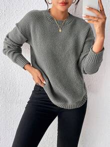 EMERY ROSE Women's Solid Color Minimalist Crew Neck Long Sleeve Knit Pullover Sweater, Everyday Wear - Grey - View 6