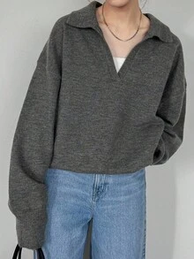 FRIFUL Women's Solid Dark Gray Turndown Collar Dropped Shoulder Long Sleeve Loose Casual Pullover Sweater, Autumn/Winter - Grey - View 10