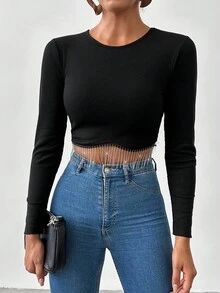 EURMUSE Fringe Hem Crop Tee - Black - View 3