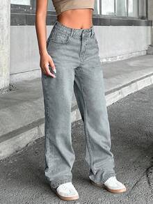 EURMUSE 100%Cotton WOMEN HIGH WAIST STRAIGH VINTAGE WASHING JEANS - Baby Blue - View 8