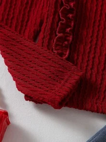 Bộ 2 món/Bộ đồ thể thao thường ngày cho bé gái phong cách Hàn Quốc dễ thương và ngọt ngào cổ bèo nhún dài tay có họa tiết + nơ thêu trang trí quần jean ống đứng, thích hợp cho kỳ nghỉ, du lịch, trở lại trường, xuân/thu/đông - Màu Đỏ Sâu - Xem 5