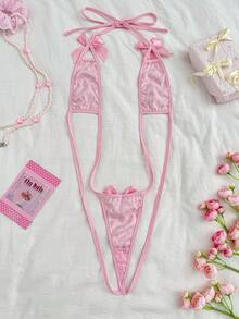 PetitDoll 大码性感内衣紧身衣，缎面面料，豹纹，蝴蝶结装饰，可爱狂野的设计 - 粉色 - 查看 2