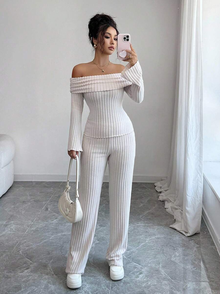 Elenzga Bộ 2 áo len hở vai tay dài và quần ống đứng thường ngày cho nữ, Thu/Đông - Màu be - Xem 1