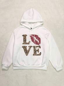 Attitoon Casual Vintage Style Retro Letter LOVE Leopard Lip Print Loose Fit Thick Hoodie Sweatshirt For Women, Suitable For Autumn/Winter, Vintage, Sexy, Cute, Y2K, Bohemian, Hippie, Music Festival, Punk, Y2K, Sexy, Goth,Fall