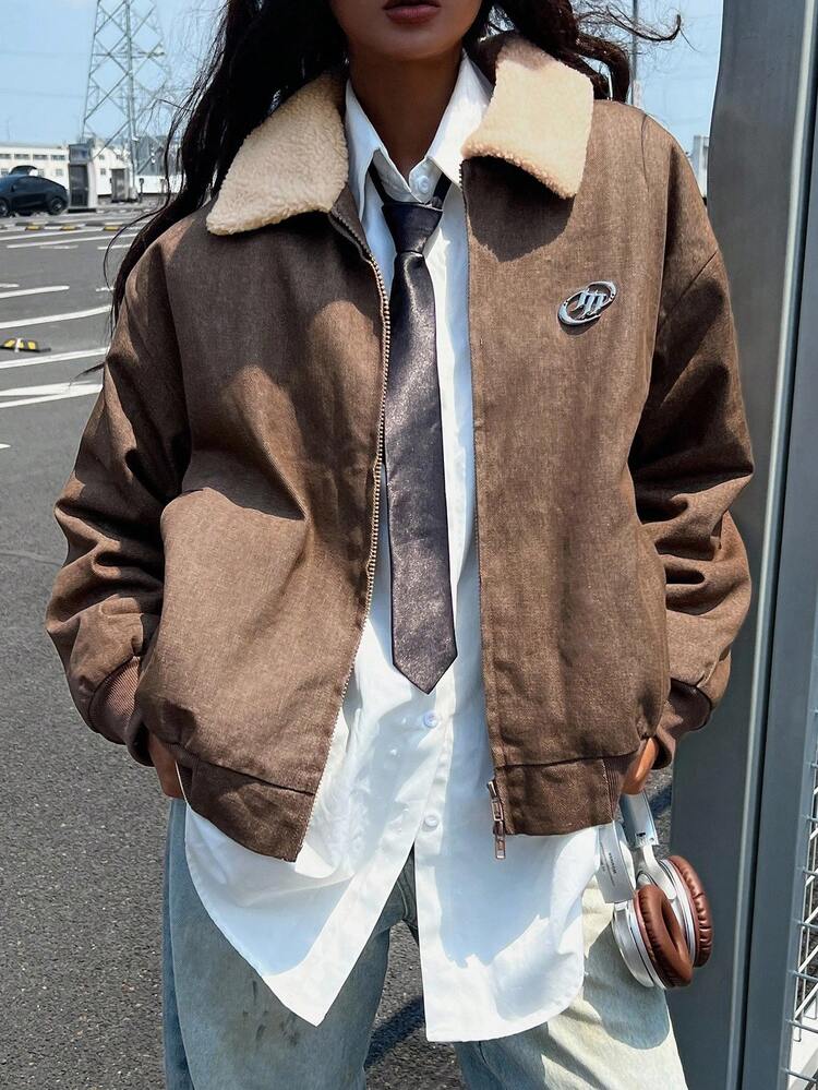 Maillard Faux Shearling Collar Jacket, Regular Fit Outerwear For Autumn/Winter Women Coats