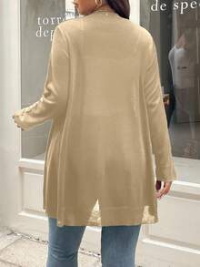 Vionelle 大码休闲纯色开衫，秋季棕褐色开衫女士前开衫女士开衫中性开衫轻便开衫 - 卡其色 - 查看 2