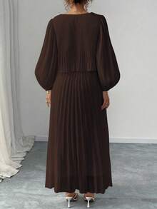 Elenzga 大码咖啡棕色褶皱雪纺长袖连衣裙，秋冬款 - 咖啡棕 - 查看 3