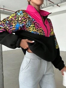 EURMUSE Zebra Striped & Leopard Print Colorblock Half Zip Drawstring Hem Drop Shoulder Jacket - Multicolor - View 5