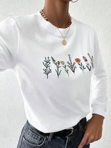 EURMUSE 100%Cotton Floral Print Round Neck Sweatshirt - White - View 3