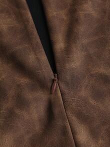 Sweetra Vintage Style PU Metal Buckle Design Short A-Line Skirt For Women, Autumn - Brown - View 5
