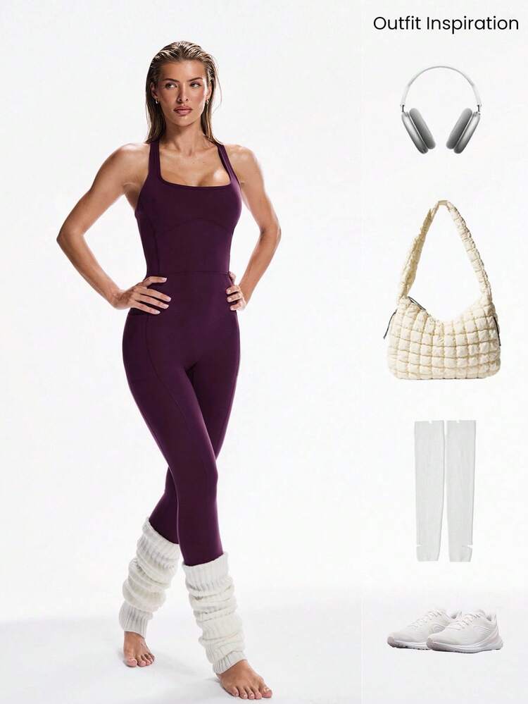 26" FeatherFit™ Strap It Good Tummy Control Crisscross Strap Open Back Movement Romper Bodysuit Light Support Low Impact