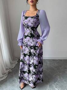 Modelyn 女式方领泡泡袖收腰飘逸连衣裙，花卉印花，优雅度假装 - 彩色 - 查看 4