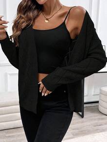 EMERY ROSE Casual Comfortable Hollow Diamond Pattern Cardigan For Women - Black - View 6