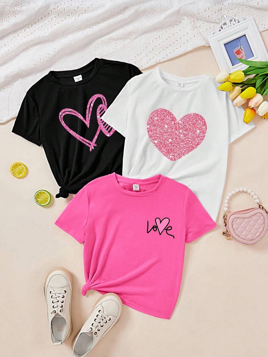 SHEIN Leap Crew 3pcs/Pack Tween Girls' Casual Minimalist Cartoon Pattern Printed T-Shirts, Suitable For Summer, School, Campus, College - Multicolor - View 1