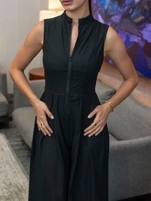 Andrea Bello Extreme Wide Leg Zip Front Sleeveless Jumpsuit - Black - View 5