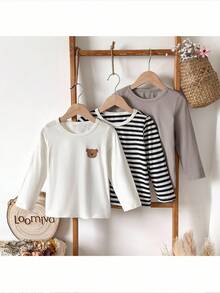 Loomiva 3件套男童休闲舒适纽扣polo衫，圆领短袖T恤套装，长袖衬衫，条纹长袖衬衫，儿童长袖衬衫，男童休闲长袖衬衫，男童经典印花休闲舒适短袖T恤，适合秋冬季节，室内外皆宜，3件套，返校季，男童印花T恤，男童T恤，儿童印花T恤，男童条纹T恤，小熊印花上衣，灰色T恤，保暖内衬