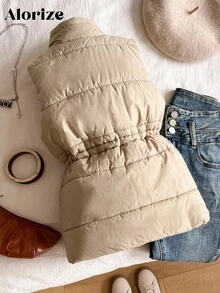 女童休闲束腰背心，秋冬季外套 - 卡其色 - 查看 2