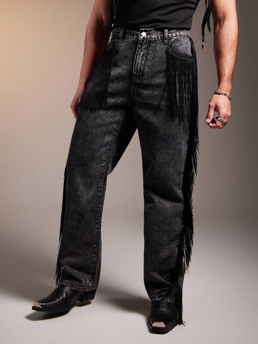 FeverCity Men's Casual Fashion Street Frayed Decor Loose Straight Leg Washed Denim Jeans - Black - View 1