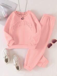 SHEIN 2pcs Girls Casual Minimalist Sports Crew Neck Long Sleeve Loose 3D Letter Embossed Fleece Sweatshirt And Elastic Waist Solid Color Fleece Jogger Pants Set, Autumn/Winter Fall