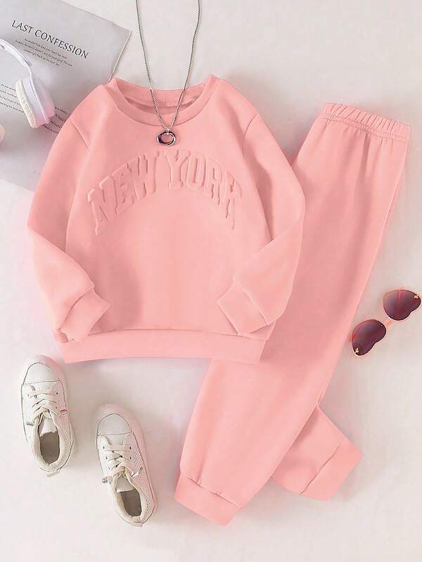 SHEIN 2pcs Girls Casual Minimalist Sports Crew Neck Long Sleeve Loose 3D Letter Embossed Fleece Sweatshirt And Elastic Waist Solid Color Fleece Jogger Pants Set, Autumn/Winter Fall