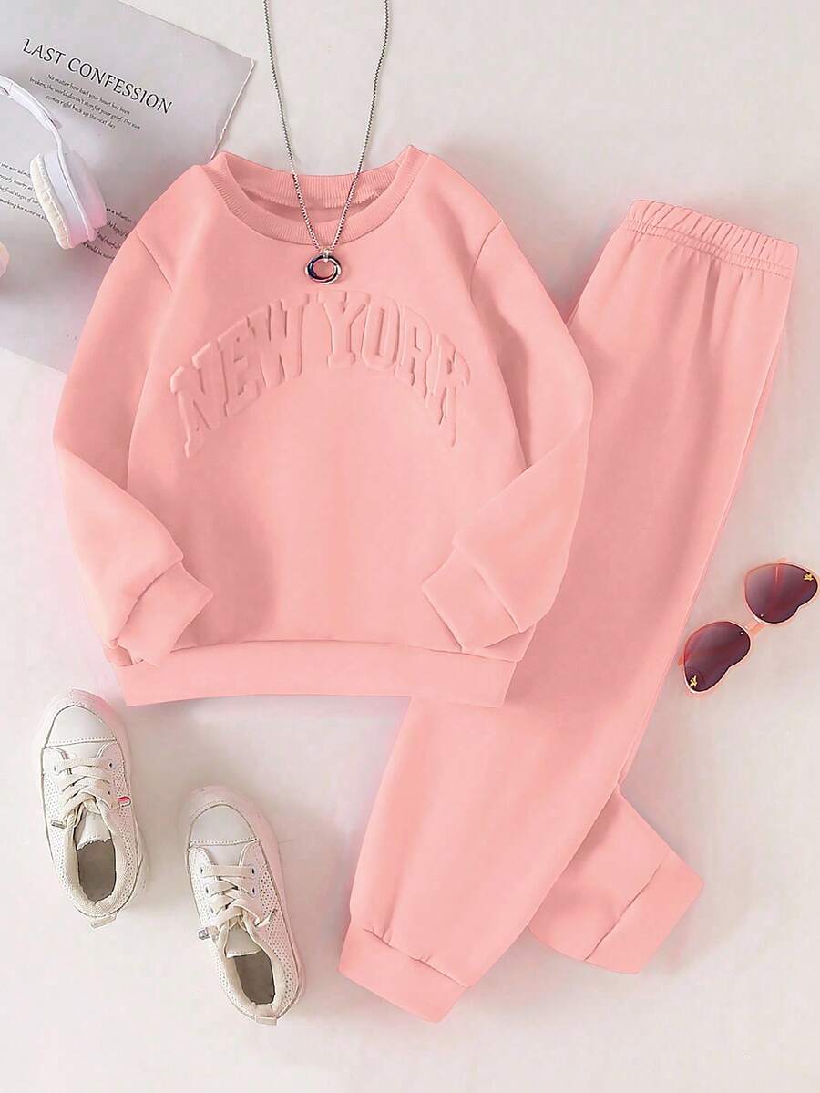 SHEIN 2pcs Girls Casual Minimalist Sports Crew Neck Long Sleeve Loose 3D Letter Embossed Fleece Sweatshirt And Elastic Waist Solid Color Fleece Jogger Pants Set, Autumn/Winter Fall