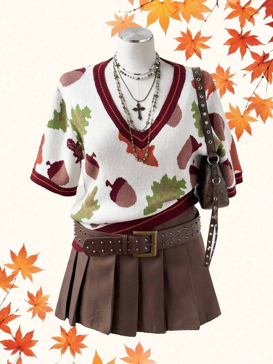 Sunspun Women Plus Knitted Leaf Pattern Short Sleeve Knit Top, New Autumn/Winter Design, Fall Top - Multicolor - View 1