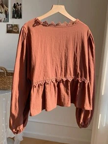 Comfortcana Áo sơ mi tay bồng màu trơn thường ngày cỡ lớn dành cho nữ, mùa thu/đông - màu nâu - Xem 2