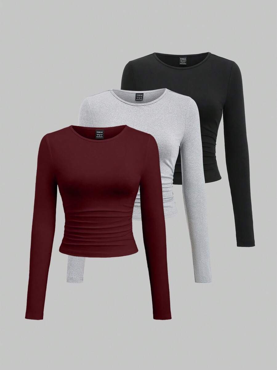 SHEIN Unity Women's Casual Solid Color Long Sleeve T-Shirt, Versatile For Autumn - Burgundy - View 1