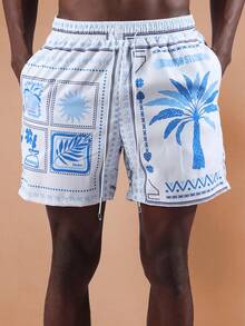 SUMWON Shorts de playa casuales con estampado de palmeras, tabla de surf hawaiana, pantalones cortos de verano con cordón y cintura elástica, ropa de resort, vacaciones, shorts para fiesta en la piscina