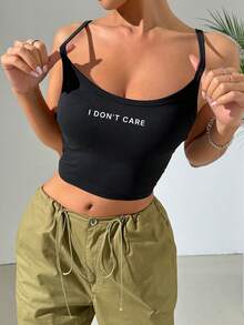 SHEIN EZwear Sexy Casual "I Don't Care" Slogan Black Minimalist Camisole Backless Tank Top, Fitted For Summer Women - Black - View 5