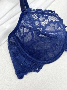 SHEIN French Floral Lace Romantic Elegant Bra + Thong Lingerie Set, Sexy Women's Underwear - Navy Blue - View 8