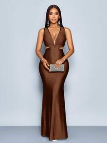 SOLERSUN Vestido largo elegante de mujer de unicolor con escote en V profundo, espalda descubierta y silueta ajustada de cola de pez - Café - Ver 3