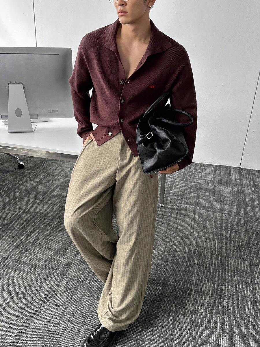 Manfinity BRENVOR Pantalones casuales de pierna ancha a rayas para hombres, para el otoño - Café integral - Ver 1