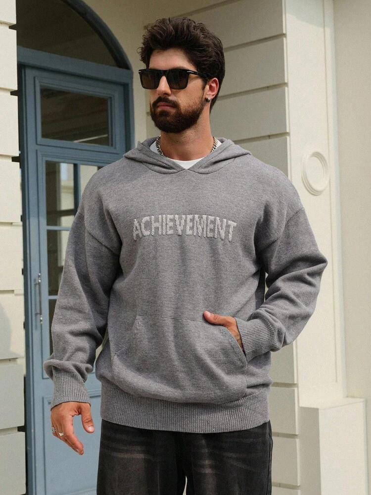Men's Letter Jacquard Grey Hooded Sweater, Street Style, Autumn