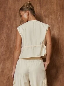 MUSERA 宽松圆领拉链口袋可调节腰身背心，可爱又百搭，适合约会、外出、夜生活、工作、办公室、冬季派对等场合，简洁优雅。 - 米色 - 查看 4