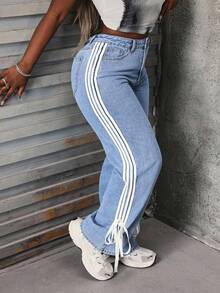 Slaydiva Plus Contrast Tape Side Knot Side Wide Leg Jeans - Blue - View 9