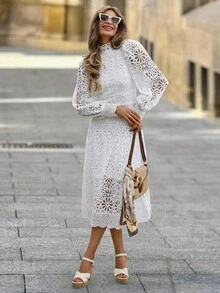 SHEIN Clasi Vestido de encaje elegante y romántico con mangas abullonadas hasta la pantorrilla, vestido de San Valentín, ropa de otoño para mujeres, vestidos de otoño para mujeres, ropa de otoño para mujeres, vestidos de otoño para mujeres, vestido de invitada de boda elegante, vestidos elegantes para mujeres, vestido de invitada de boda elegante, ropa de otoño para mujeres, vestidos elegantes para mujeres, vestidos blancos elegantes, atuendos elegantes y clásicos para mujeres, vestidos de otoño para mujeres, vestido de invitada de boda de otoño - Blanco - Ver 5