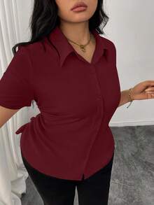 Elenzga 加大码白色修身腰部褶皱前开式优雅办公室衬衫 - 酒紅色 - 查看 1