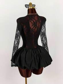 Amplova 性感黑色透明蕾丝拼布长袖迷你连衣裙 - 黑色 - 查看 6