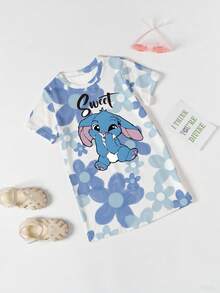 SHEIN Sparklyn Girls Casual Fashion Creative Cartoon Cute Blue Rabbit Flower Letter Slogan Print Short Sleeve T-Shirt Dress Girls Casual Printed Straight Dress Kids Clothes Girls Blue White Blue Dress For Girls - Khaki - View 3