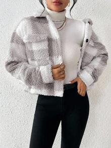 RosyDaze 休闲女士梦幻简约荷叶边格纹夹克 - 灰色 - 查看 6