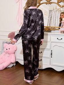 珍珠蝴蝶结印花长袖领女士睡衣套装丝质睡衣套装黑色睡衣套装，秋季服装 - 彩色 - 查看 4